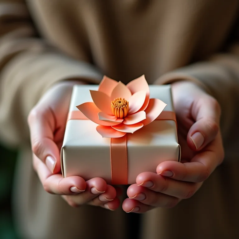 Mãos presenteando presente adornado com flor de papel