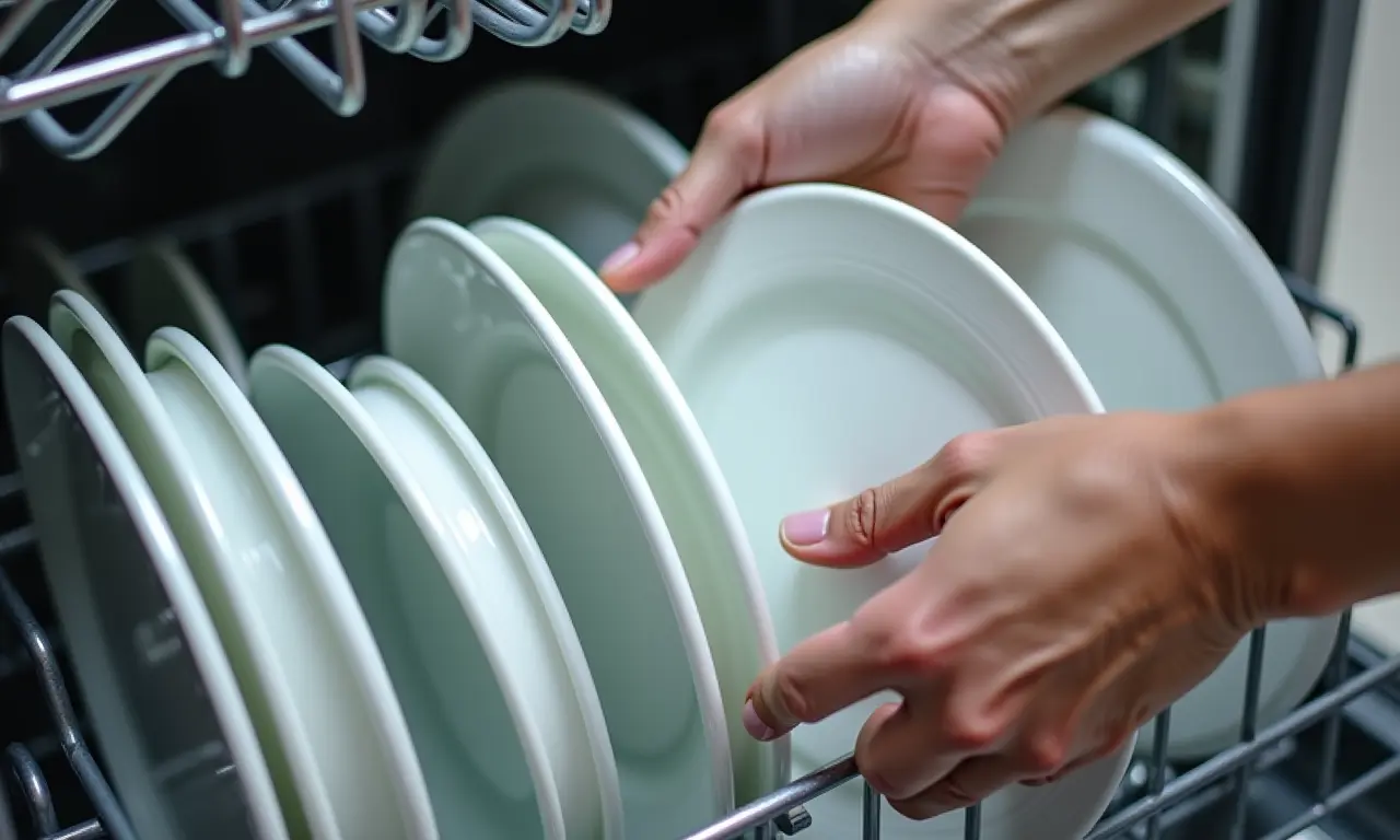 Mãos retirando louças limpas e higienizadas da lava-louças.