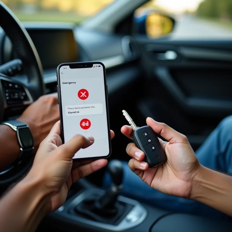 Mãos segurando chave de carro e smartphone com contato de emergência.