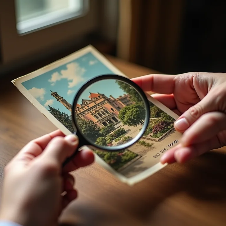 Mãos segurando lupa sobre cartão postal de pousada charmosa.