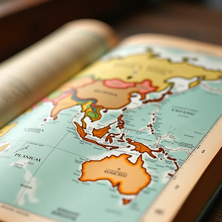Mapa antigo com áreas destacadas, representando o planejamento de viagem.