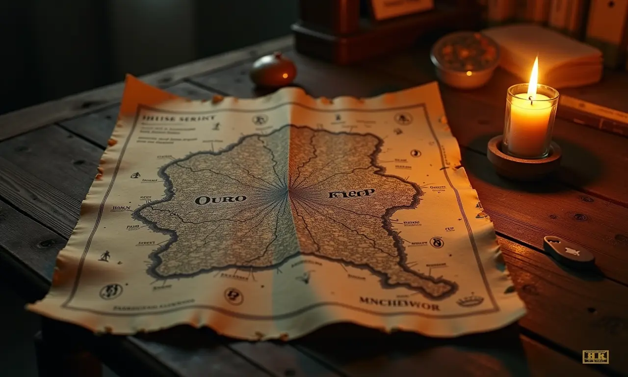 Mapa antigo de Ouro Preto com símbolos escondidos e vela bruxuleante.