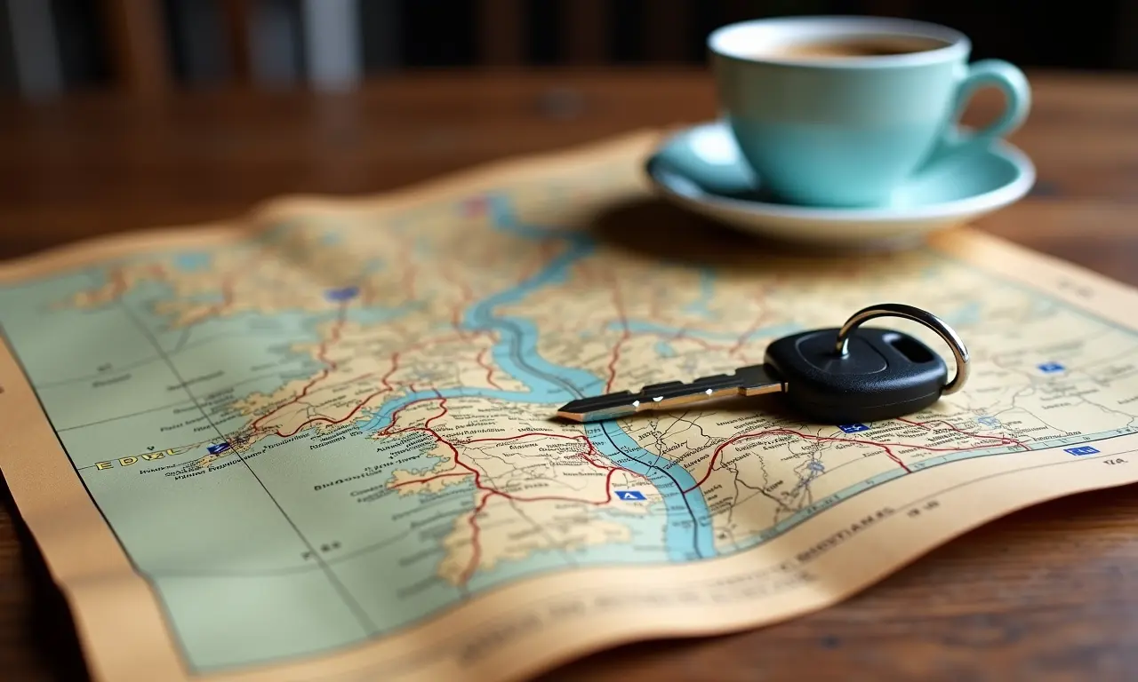 Mapa rodoviário antigo sobre mesa de madeira com chave de carro e café.