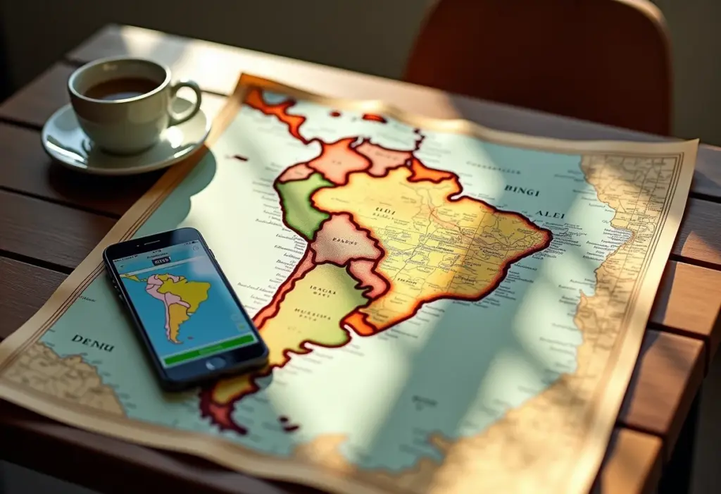 Mapa rodoviário do Brasil: planeje sua viagem sem imprevistos Mapa rodoviário do Brasil antigo e smartphone moderno lado a lado