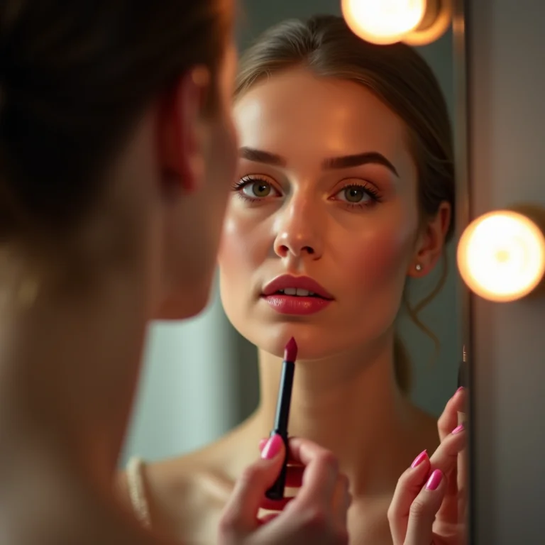 Maquiadora aplicando batom em frente a um espelho de alta qualidade