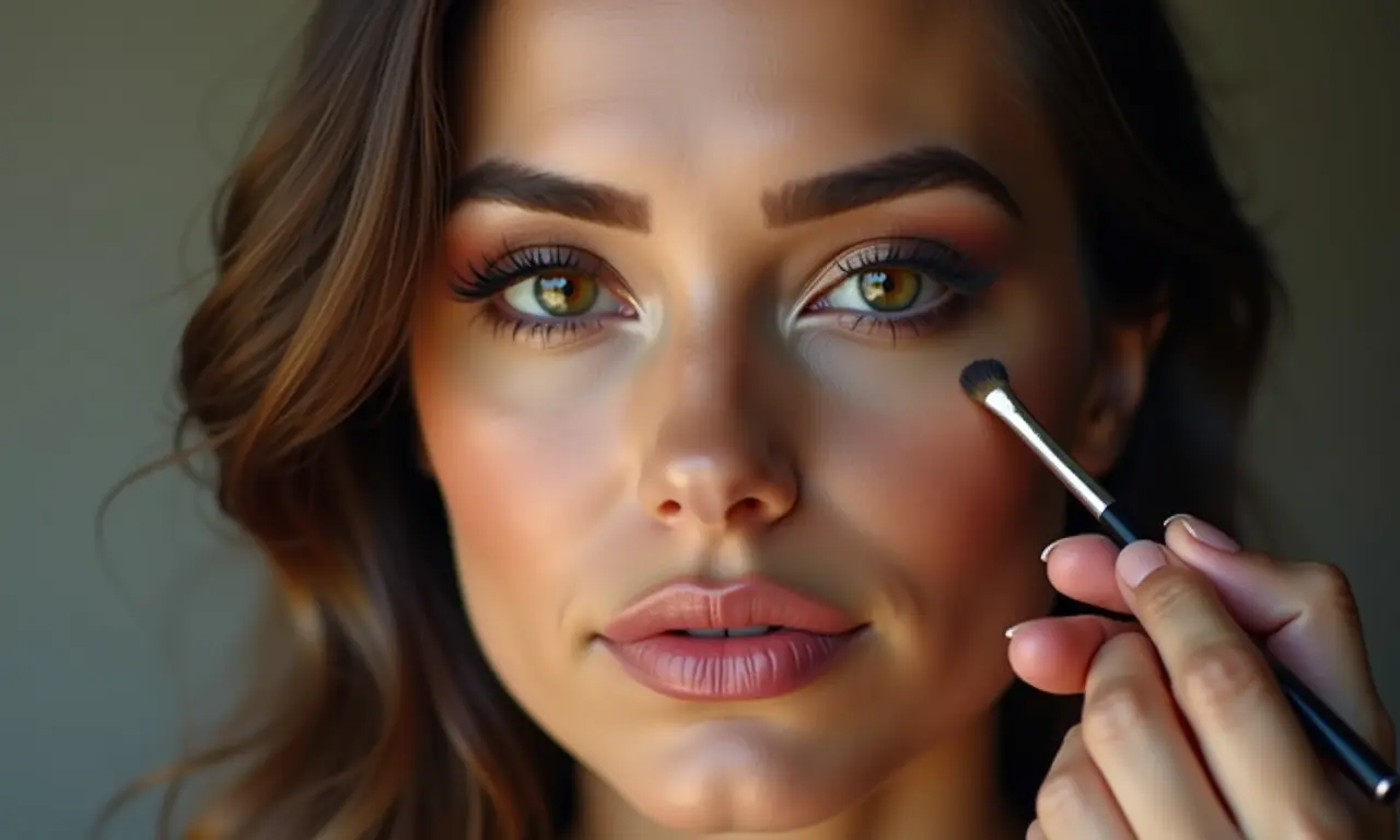Maquiadora esculpindo o rosto de uma mulher com técnicas de contorno.