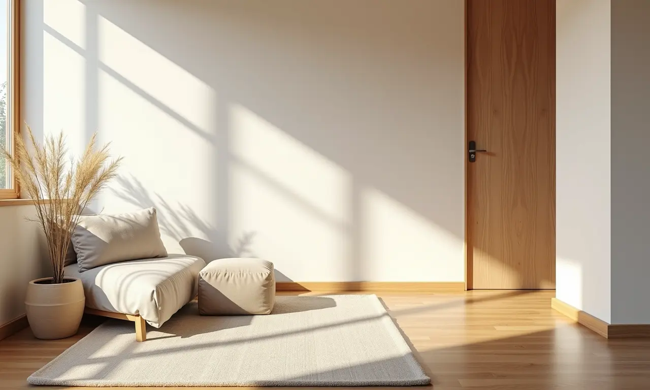 Materiais naturais em ambiente minimalista, transmitindo aconchego e bem-estar.