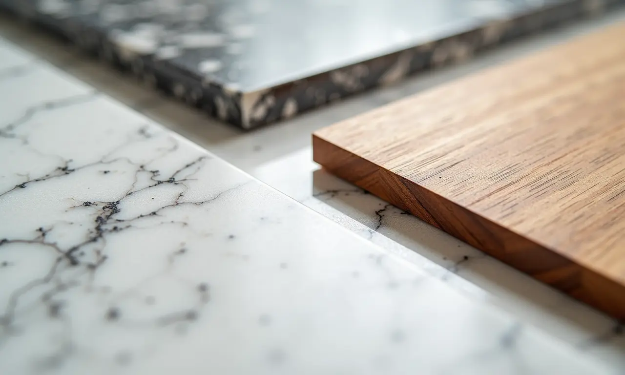 Melhores materiais para a bancada da cozinha americana: granito, quartzo e madeira.