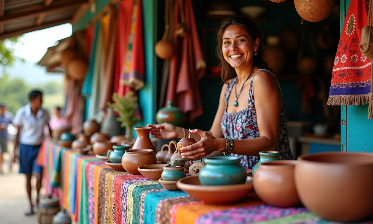 Mercado de artesanato nordestino com cerâmicas e tecidos coloridos.