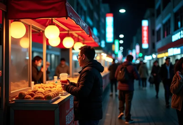 Mercado de rua movimentado em Seul à noite.