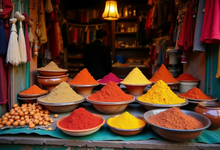 Mercado vibrante em Marrakech com especiarias coloridas e artesanato marroquino