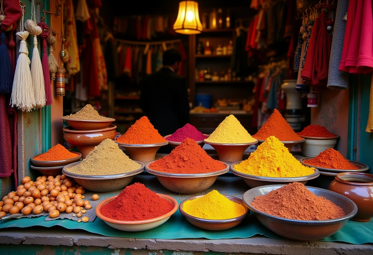 Mercado vibrante em Marrakech com especiarias coloridas e artesanato marroquino