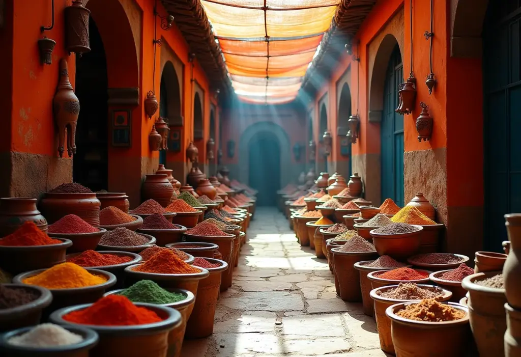 Mercado vibrante em Marrocos repleto de cores e texturas.
