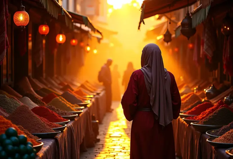 Mercado vibrante no Marrocos ao pôr do sol