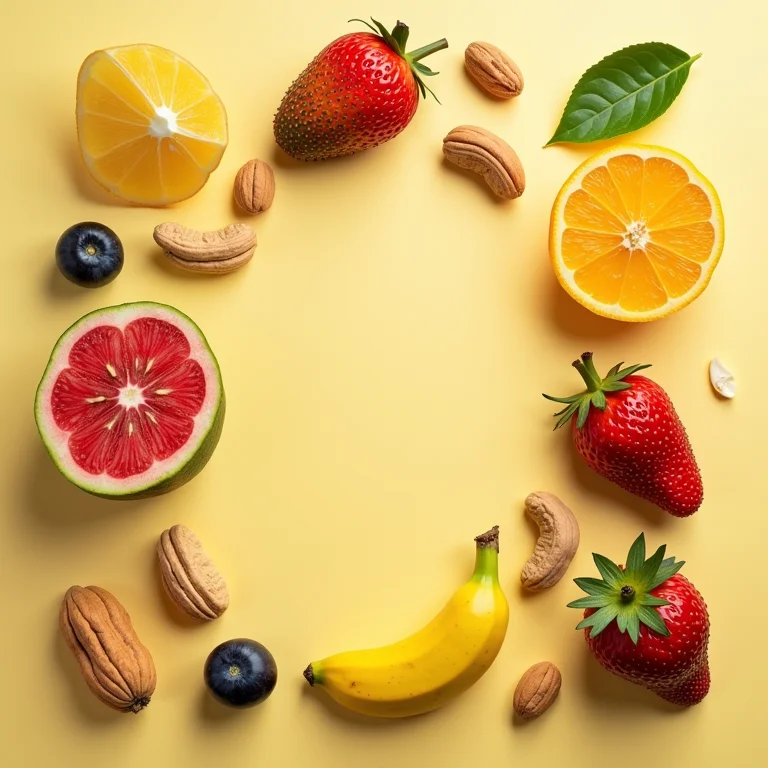 Mesa com frutas, legumes e castanhas