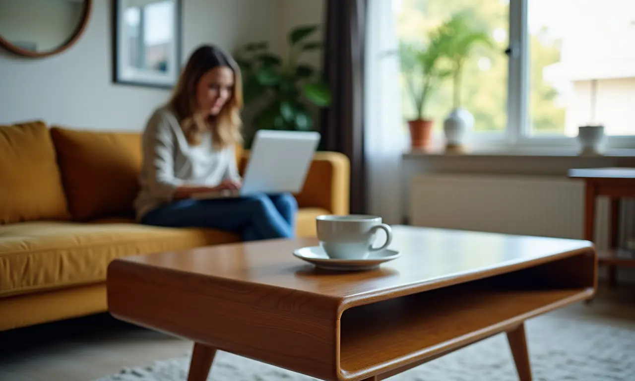 Mesa de centro com elevação em uma sala de estar moderna, com uma mulher trabalhando.