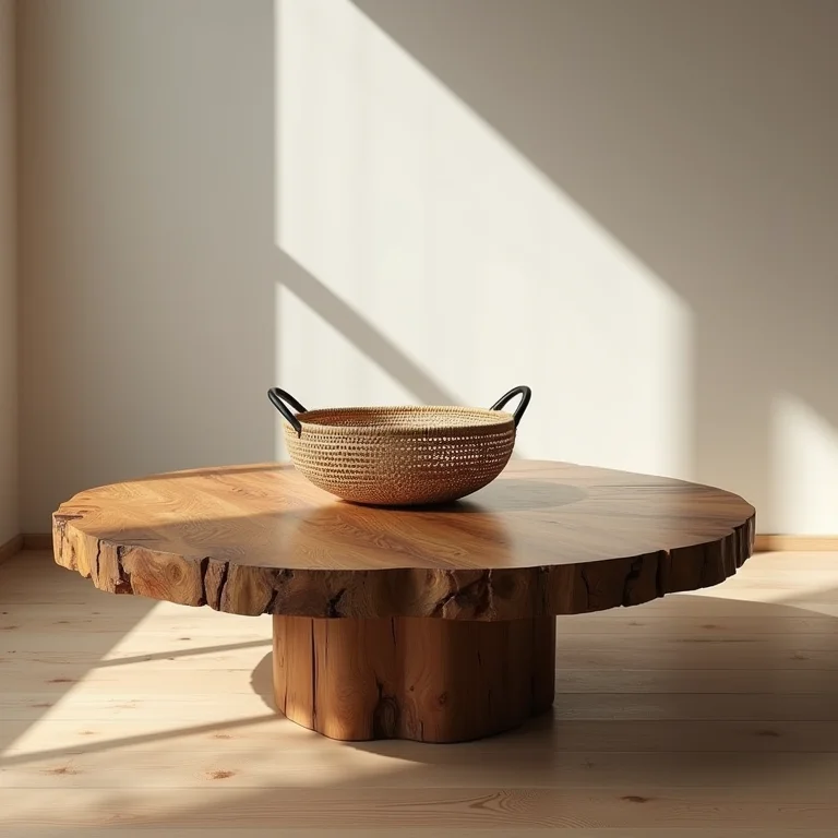 Mesa de centro de madeira de demolição e cesta de bambu