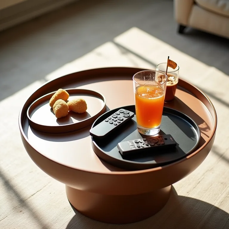 Mesa de centro redonda com bandejas organizadoras