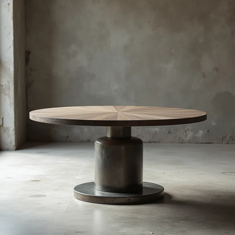 Mesa de centro redonda com base de metal em estilo industrial