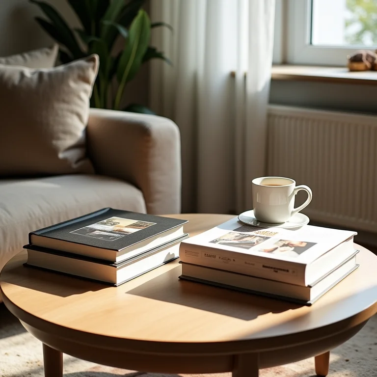 Mesa de centro redonda com livros e objetos decorativos