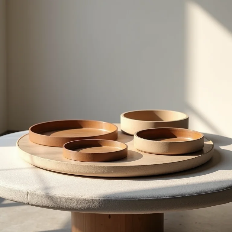 Mesa de centro redonda decorada com bandejas decorativas