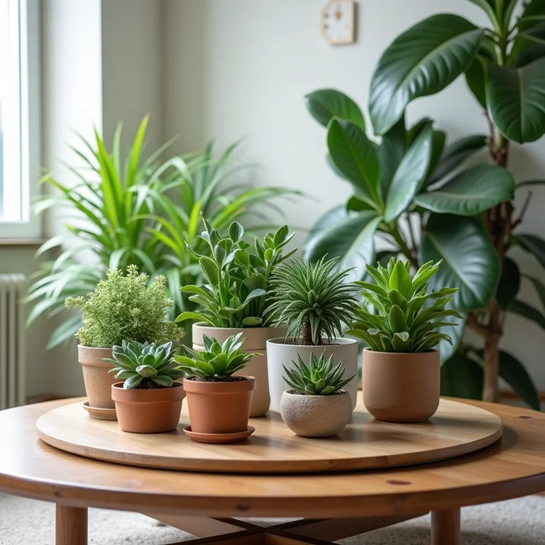 Mesa de centro redonda decorada com plantas