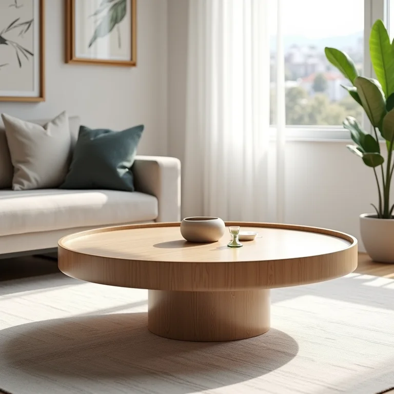 Mesa de centro redonda otimizando espaço em sala moderna