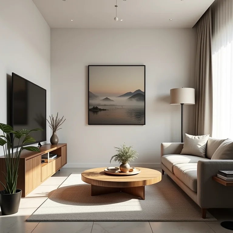 Mesa de centro redonda otimizando espaço pequeno