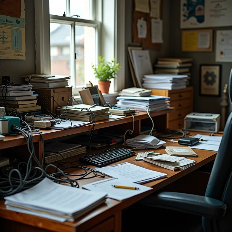 Mesa de escritório desorganizada com falta de planejamento