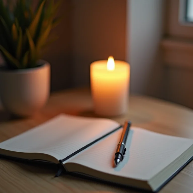 Mesa de escritório minimalista com vela aromática energizante