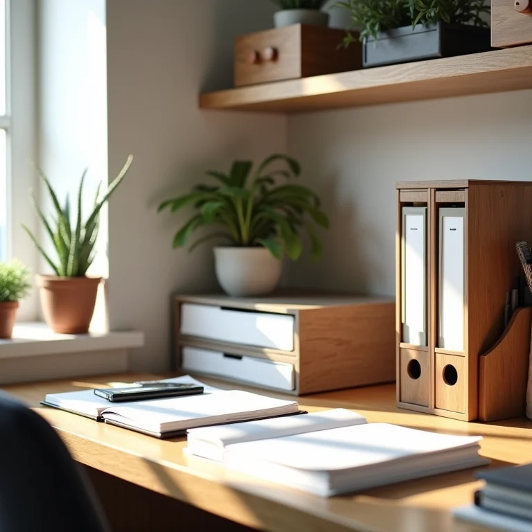 Mesa de escritório organizada com acessórios funcionais