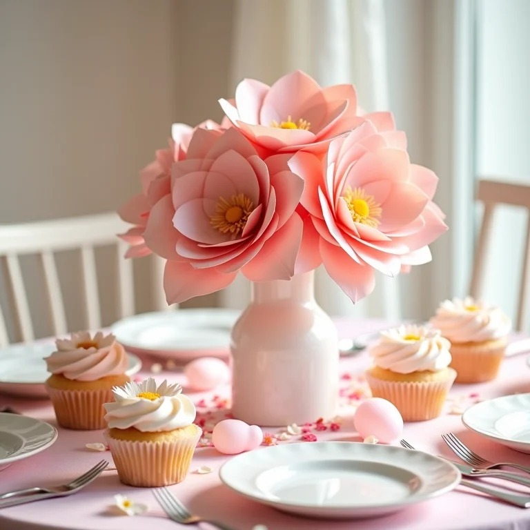 Mesa de festa decorada com flores de papel no centro e nos detalhes