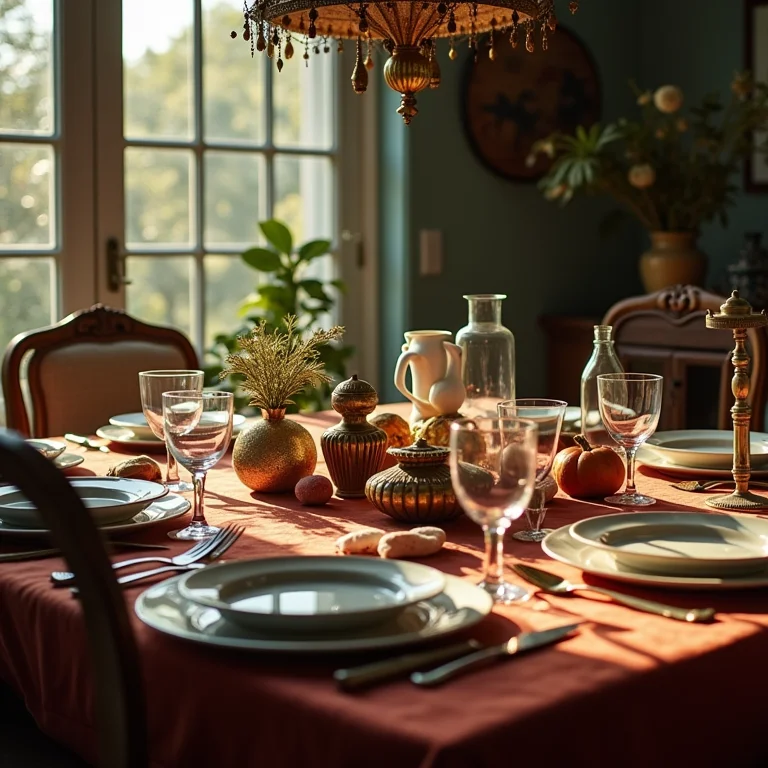 Mesa de jantar pequena com excesso de objetos decorativos