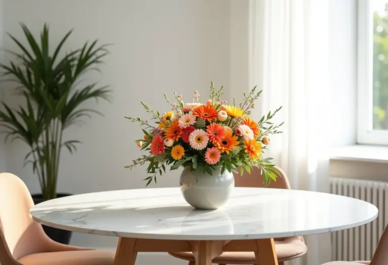 Mesa de jantar redonda com arranjo floral, iluminação natural