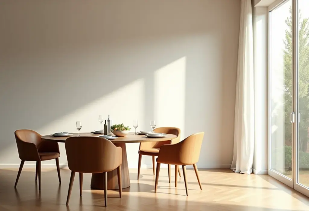 Mesa de jantar redonda em ambiente moderno e iluminado