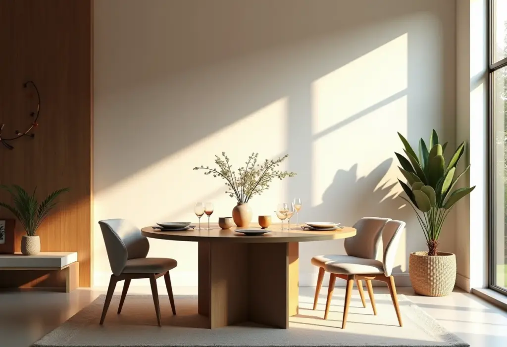 Mesa de jantar redonda em ambiente moderno e iluminado