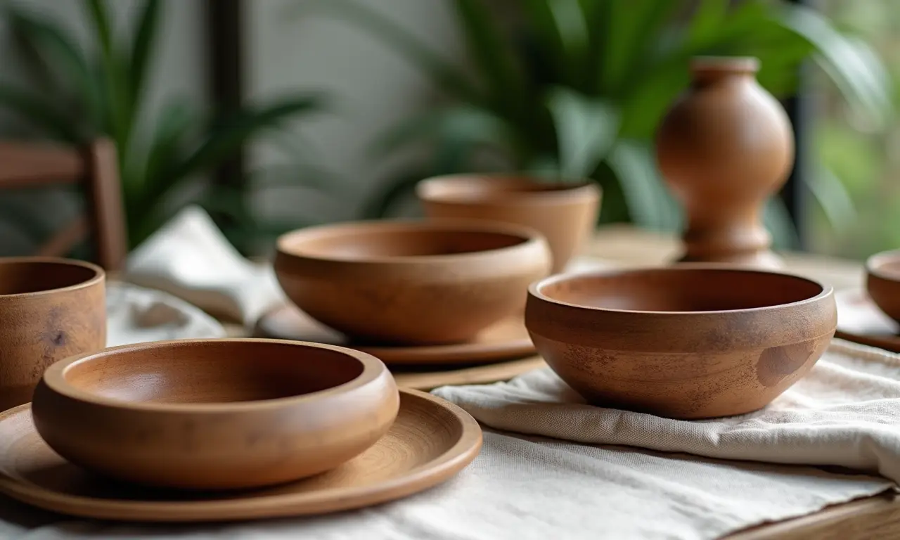 Mesa de jantar rústica com cerâmicas artesanais, tigelas de madeira e guardanapos de linho.
