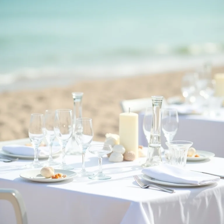 Mesa de recepção de casamento na praia decorada com conchas e velas