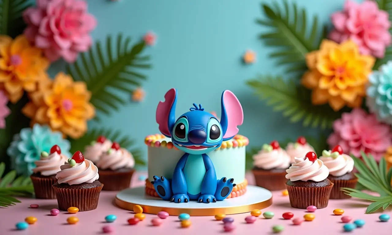 Mesa do bolo decorada com tema Stitch, o centro das atenções da festa.