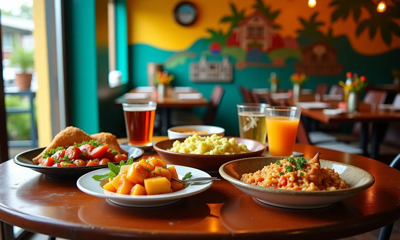 Mesa farta com pratos da culinária local de São Pedro, ambiente colorido e convidativo.