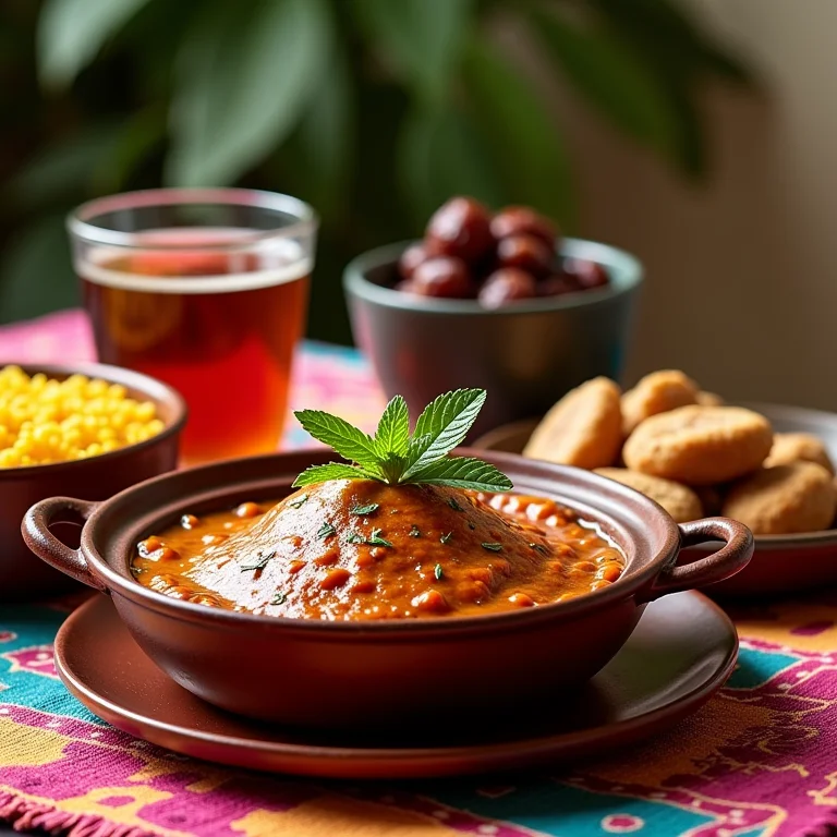 Mesa farta com pratos típicos da culinária marroquina: tagine, cuscuz e chá de menta.