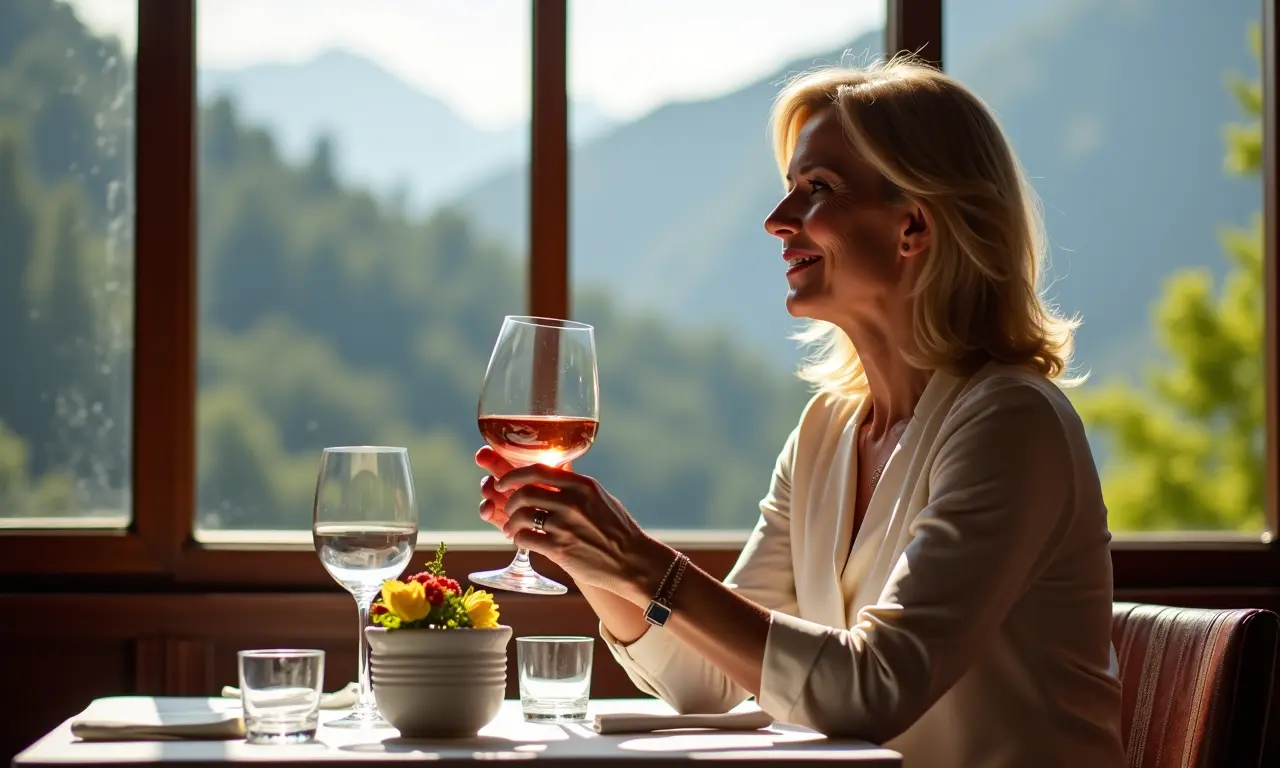 Mesa posta com vista para as montanhas no Restaurante Donna Pinha.