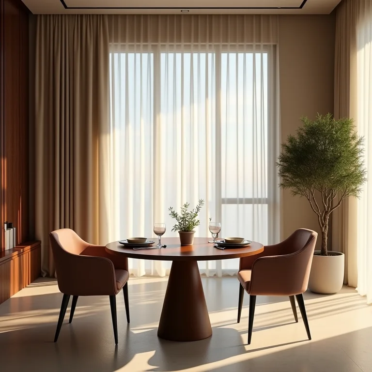 Mesa redonda com poucas cadeiras em ambiente grande