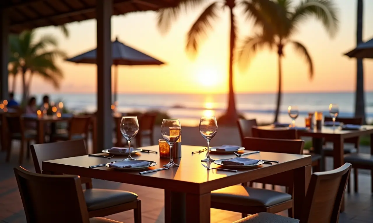 Mesa vazia em restaurante beira mar em Fortaleza ao pôr do sol.