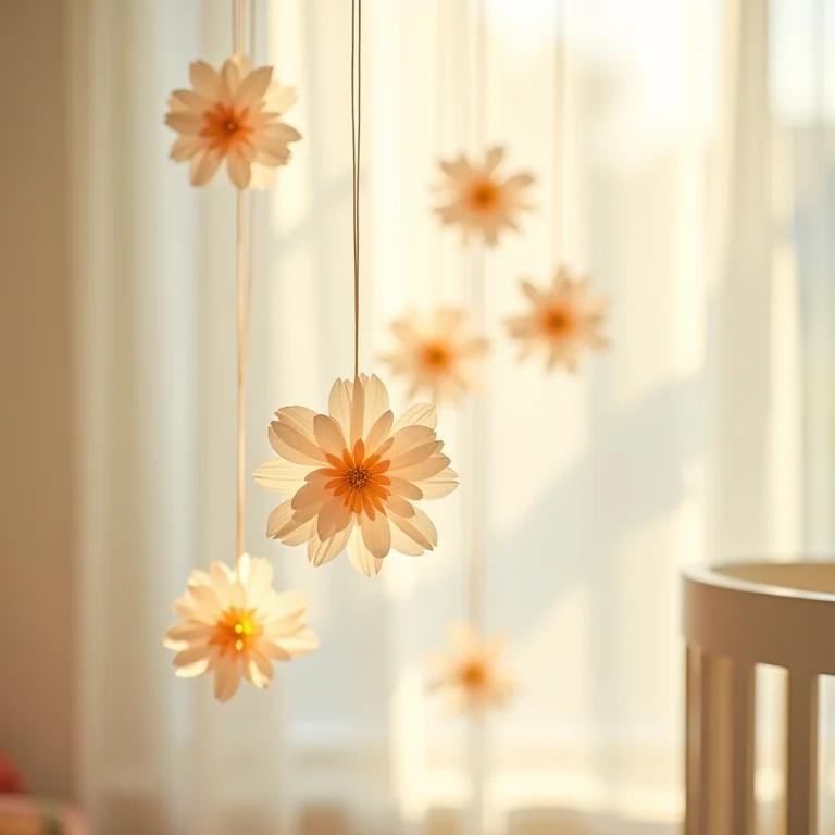Móbile de flores de papel leve e delicado em berçário ensolarado