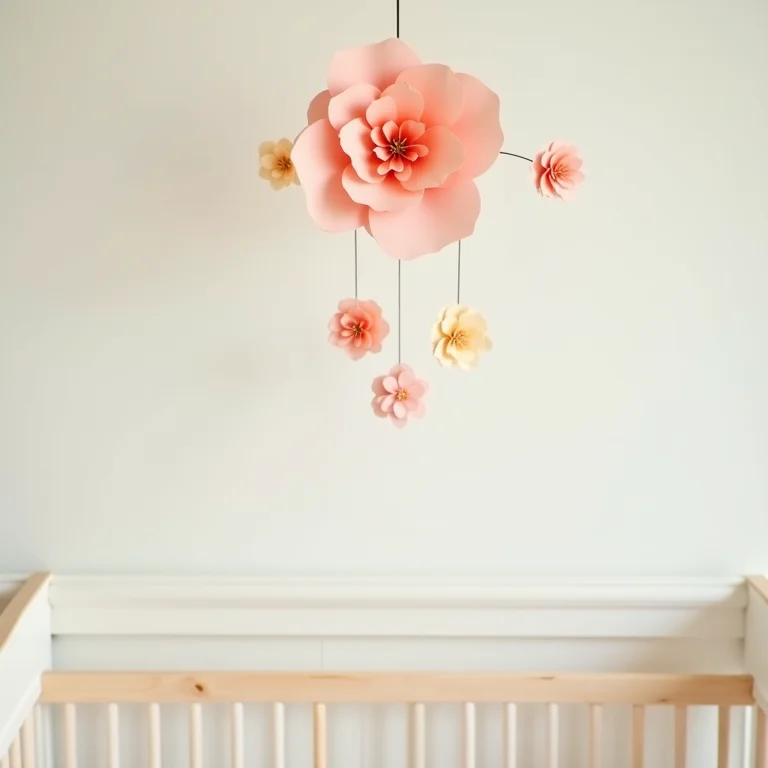 Móbile de flores de papel para quarto de bebê.