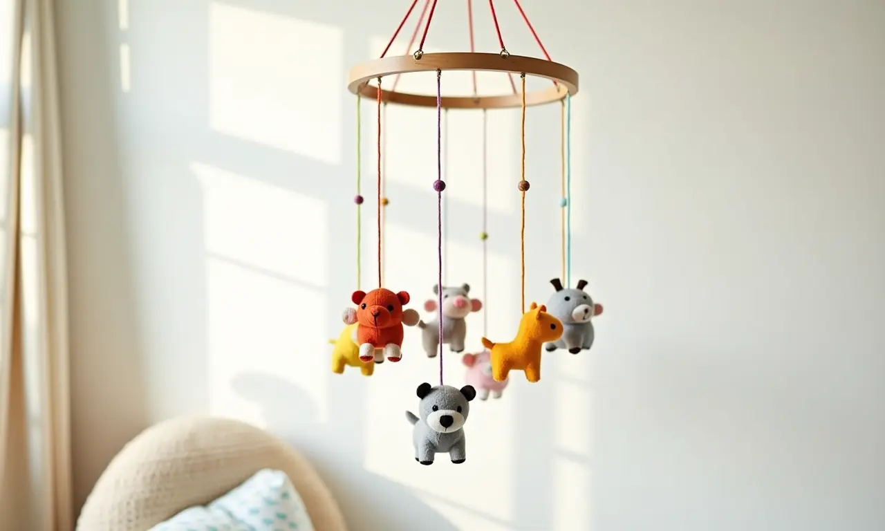 Móbile divertido feito à mão com materiais simples para quarto de bebê.