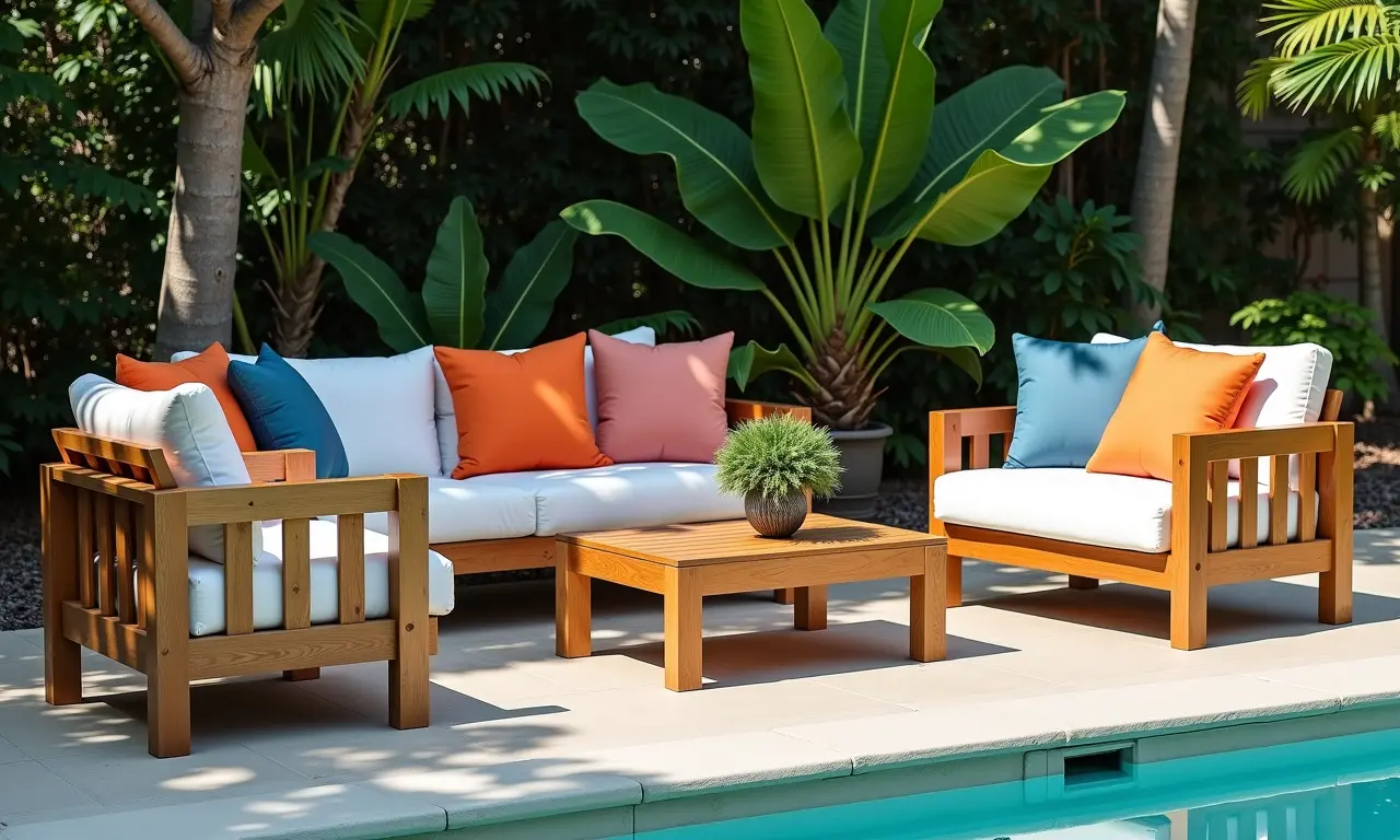 Mobiliário confortável e estiloso para área de piscina.