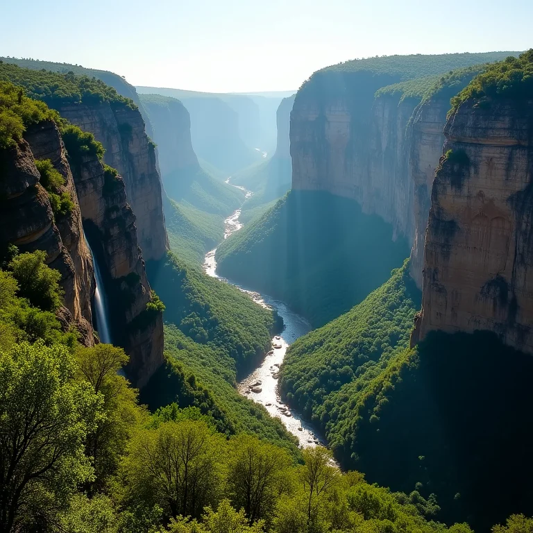 Montanhas imponentes na Chapada das Mesas com cachoeiras e vegetação exuberante.