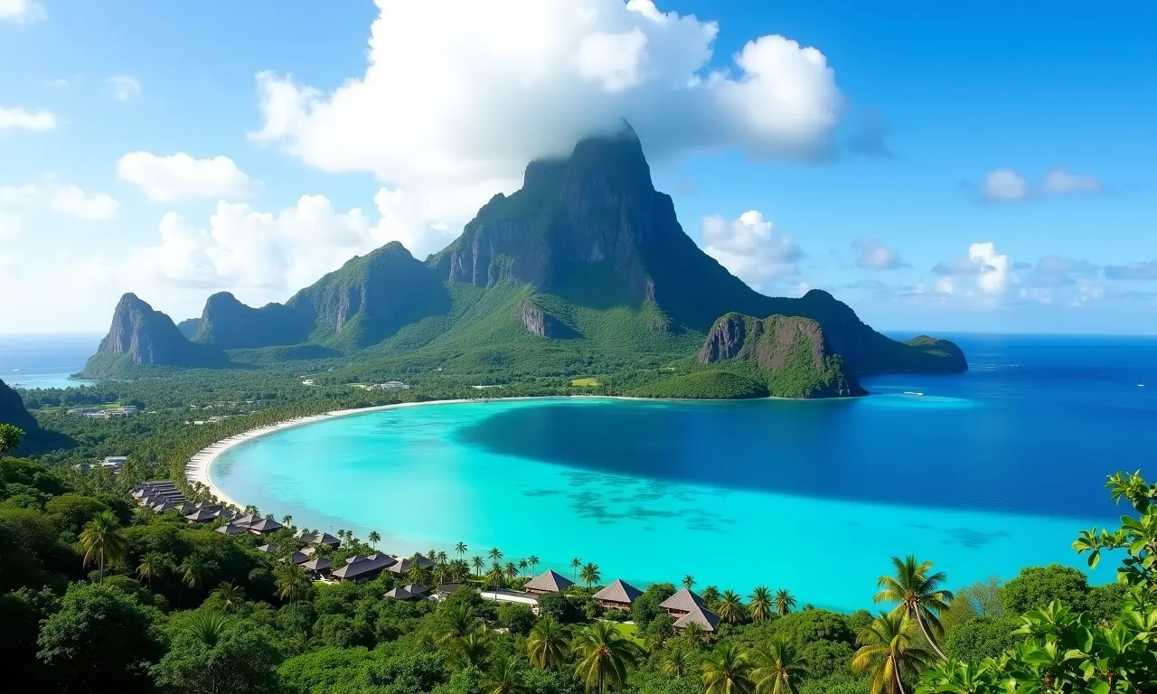 Monte Otemanu em Bora Bora com lagoa turquesa e vegetação exuberante.